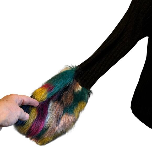 Say What? Sweater Black SZ Med Faux Colorful Fur at Cuffs Grunge Y2K Whimsygoth - Picture 4 of 8